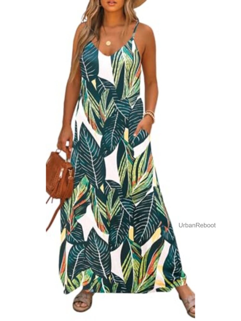 Women's Spaghetti Strap Maxi Dress with Pockets Sleeveless V-Neck Beach